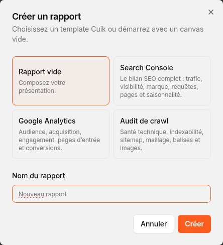 Cuik report creation dialog with available templates