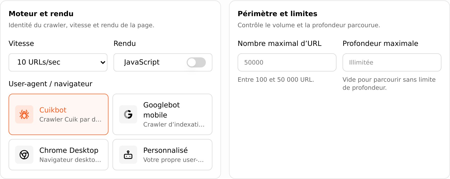Réglages essentiels : vitesse, rendu, user-agent et limites