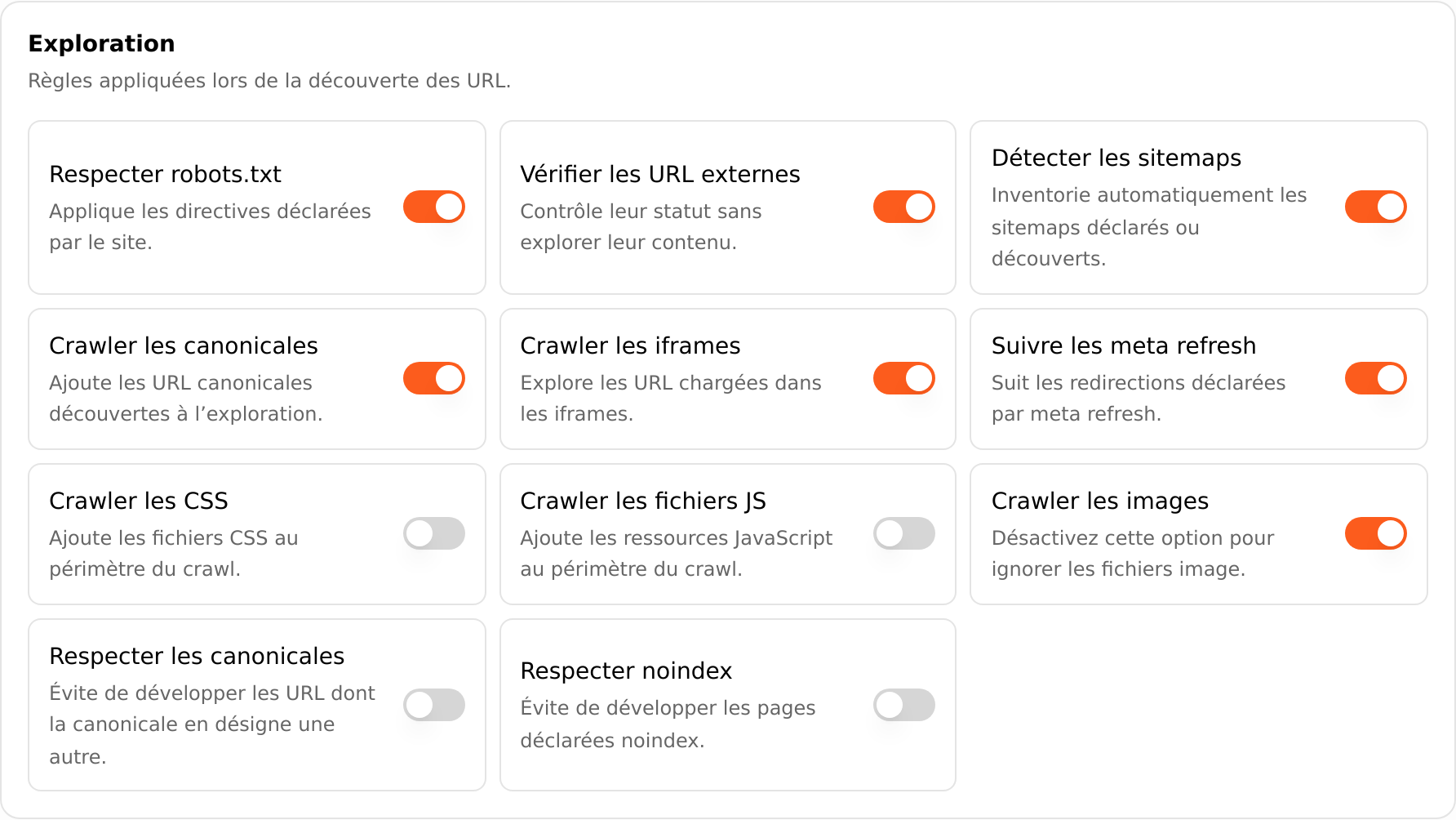 Options d’exploration des pages et ressources