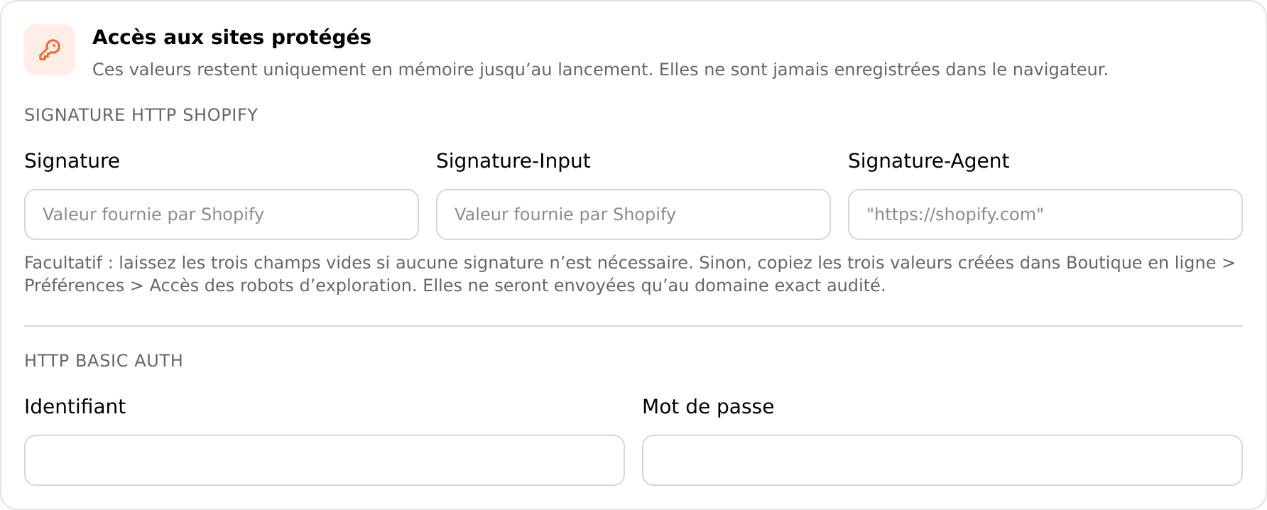 Champs d’accès Shopify et HTTP Basic Auth, laissés vides